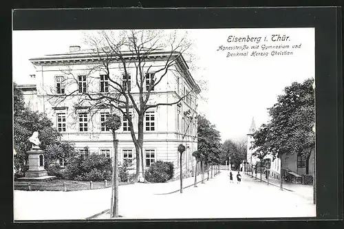 AK Eisenberg /Thür., Agnesstrasse mit Gymnasium und Denkmal Herzog Christian
