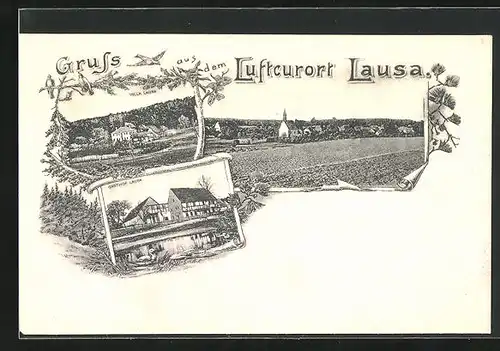Lithographie Lausa, Gasthof Lausa, Totalansicht, Villa Laura