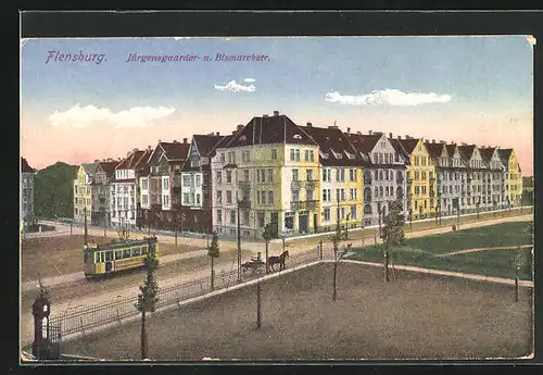 AK Flensburg, Jürgensgaarder- und Bismarckstrasse, Strassenbahn