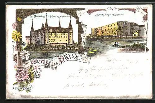 Lithographie Halle a. S., Die Moritz-Burg zu Anfang des 17. Jahrhundert