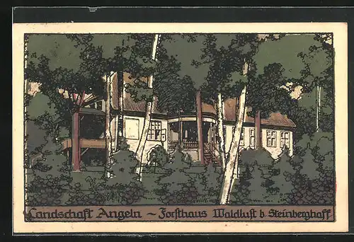 Steindruck-AK Steinberghaff, Gasthaus Forsthaus Waldluft, Landschaft Angeln