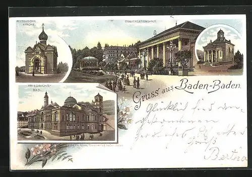 Vorläufer-Lithographie Baden-Baden, 1895, Russische Kirche, Friedrichs-Bad, Conversationshaus