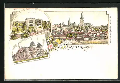 Lithographie Mönchengladbach, Kaiserbad, Erholung, Ortspartie mit Kirche