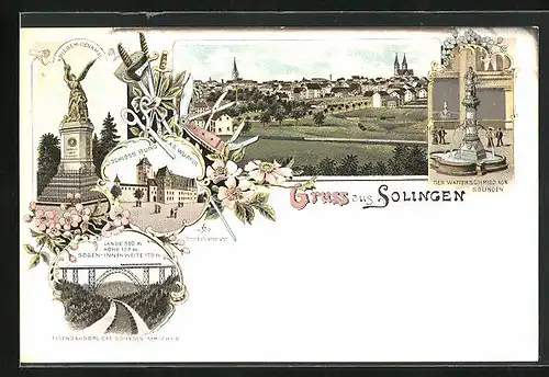 Lithographie Solingen, Eisenbahnbrücke, Waffenschmied, Schloss Burg a. d. Wupper, Panorama