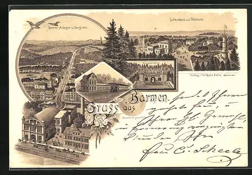 Lithographie Barmen, Bahnhof Töllethurm, Anlagen u. Bergbahn, Luftkurhaus