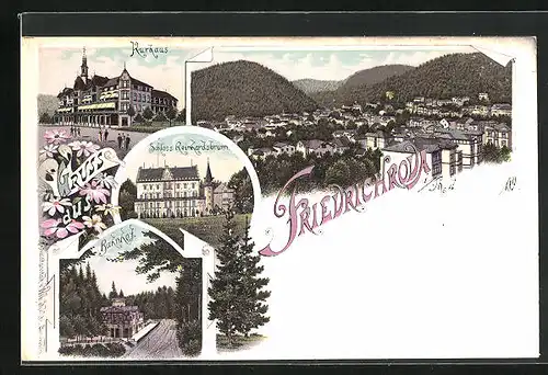 Lithographie Friedrichroda, Bahnhof, Schloss Reinhardsbrunn, Kurhaus