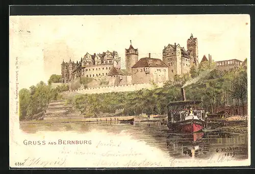 Lithographie Bernburg, Flusspartie mit Schloss und Dampfschiff