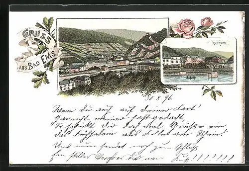 Lithographie Bad Ems, Kurhaus, Ortsansicht aus der Vogelschau