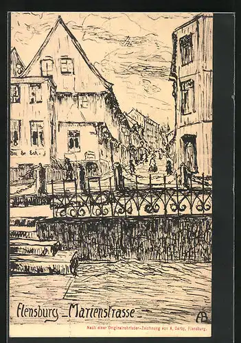 Künstler-AK Handgemalt: Flensburg, Marienstrasse mit Treppenaufgang