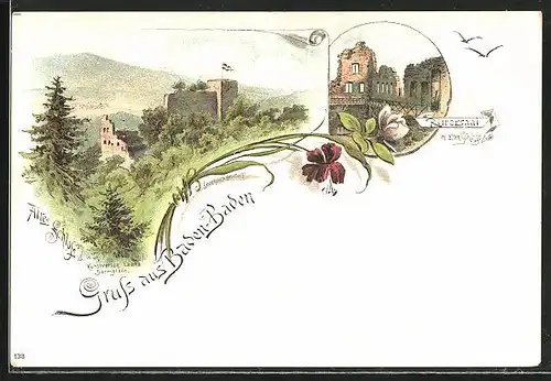 Lithographie Baden-Baden, Altes Schloss, Rittersaal