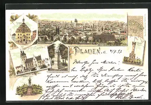 Lithographie Plauen, St. Johannis-Kirche, Rathaus, Bismarck Denkmal, Kemmler-Thurm