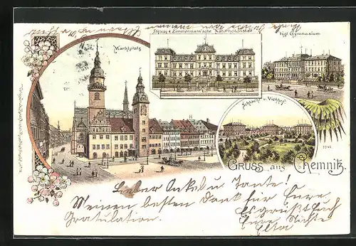 Lithographie Chemnitz, Marktplatz, Kgl. Gymnasium, Schlacht- und Viehhof