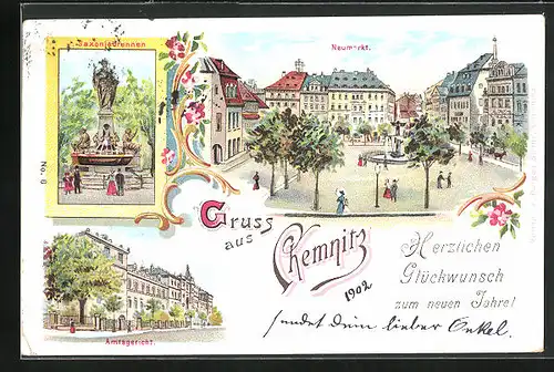 Lithographie Chemnitz, Neumarkt, Amtsgericht, Saxoniabrunnen