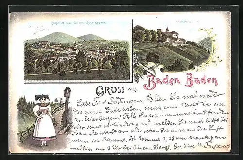 Lithographie Baden-Baden, Aussicht v. d. Griech.-Russ. Kapelle, Ebersteinschloss