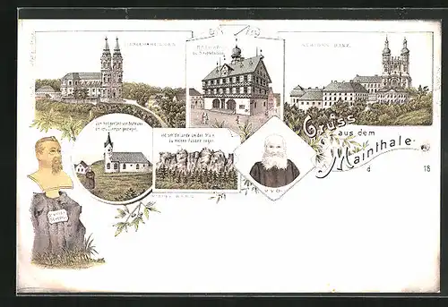 Lithographie Staffelstein, Schloss Banz, Vierzehnheiligen, Büste Dr. Victor Scheffel, Konterfei JVO