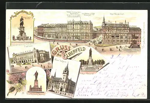 Lithographie Elberfeld, Hotel Weidenhof, Stadthalle, Neues Rathaus, Kaiser Friedrich Denkmal