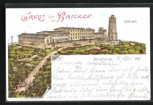 Lithographie Brocken, Hotel und Aussichtsturm auf dem Gipfel