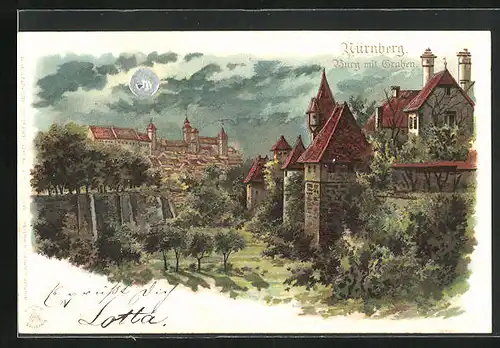 Mondschein-Lithographie Nürnberg, Blick auf die Burg und Stadtmauer