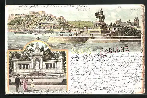 Lithographie Coblenz, Kaiserin Augusta Denkmal, Kaiser Wilhelm Denkmal, Festung Ehrenbreitenstein