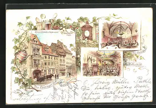 Lithographie Leipzig, Gasthaus Thüringer Hof mit Capelle und alte Wolfsschlucht