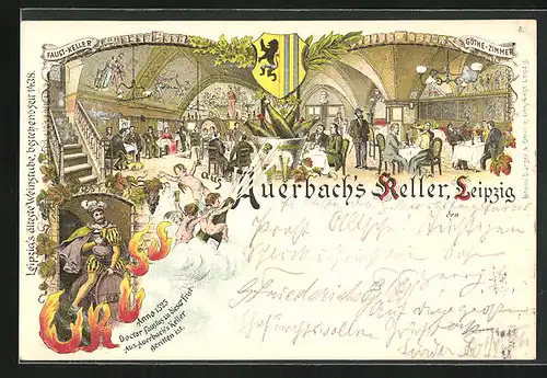 Lithographie Leipzig, Inneres des Aucherbachs Keller, Wappen, Docot Faustus