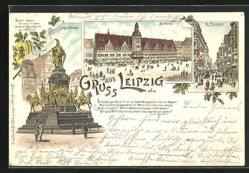 Lithographie Leipzig, Petersstrasse, Rathaus, Sieges Denkmal