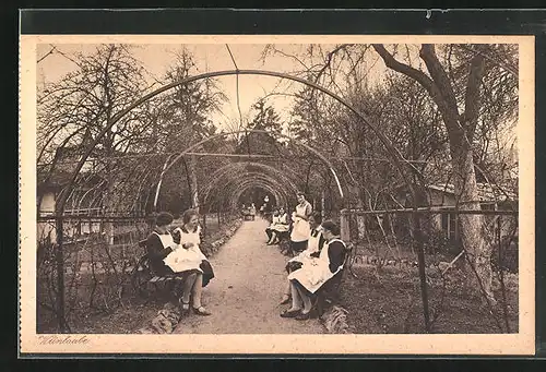 AK Heidingsfeld, Hausmädchen in der Weinlaube des Erz. Institut und Haushaltungsschule