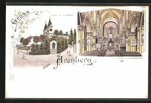 Lithographie Arenberg, Aussenansicht und Inneres der Kirche