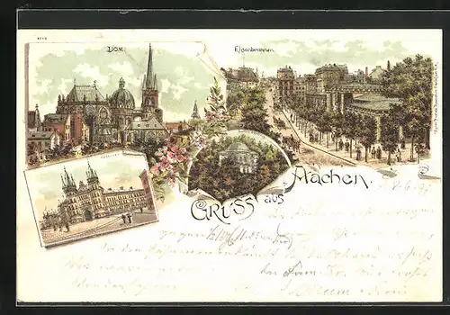 Lithographie Aachen, Dom, Elisenbrunnen, Kaserne, Lousberg