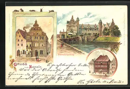Lithographie Hameln, Rattenfängerhaus, Stiftshaus, Haemelschenburg