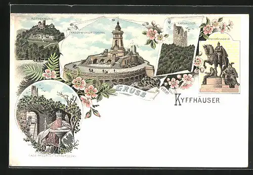 Lithographie Kyffhäuser, Reiterstandbild, Kaiser-Wilhelm-Denkmal, Rothenburg