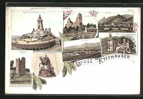 Lithographie Kyffhäuser, Kelbra, Rossla, Kaiser-Wilhelm-Denkmal, Reiterstandbild