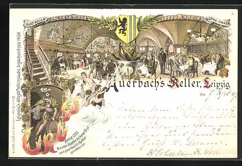 Lithographie Leipzig, Gasthaus Auerbach`s Keller, Wappen, Doctor Faustus