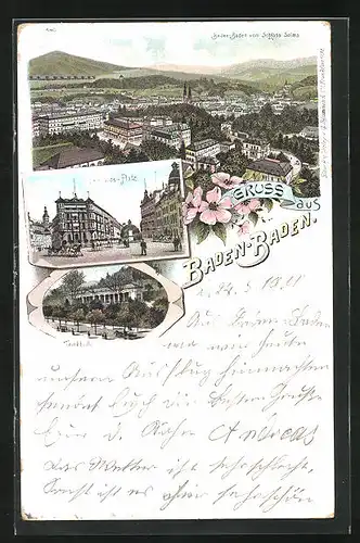 Lithographie Baden-Baden, Leopolds-Platz, Trinkhalle, Gesamtansicht