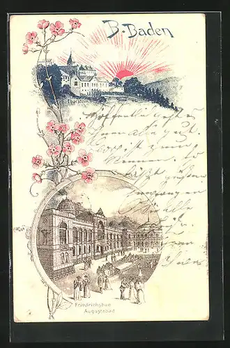 Lithographie Baden-Baden, Eberstein, Friedrichsbad, Augustbad, aufgehende Sonne