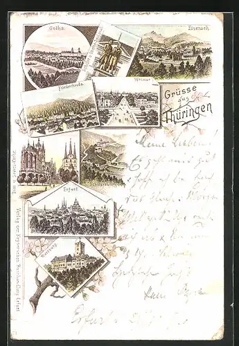 Lithographie Weimar, Wartburg, Eisenach, Gotha, Friedrichroda, Erfurt, Schiller- und Göthe Denkmal