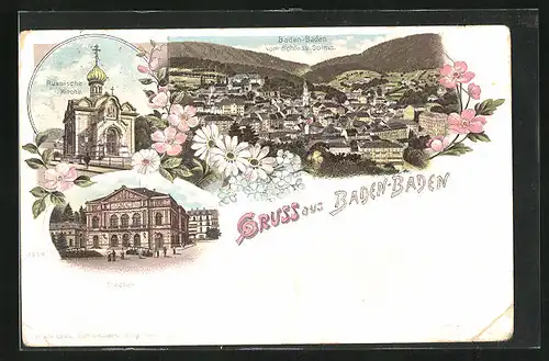 Lithographie Baden-Baden, Ortsansicht vom Schloss Solms, Russische Kirche