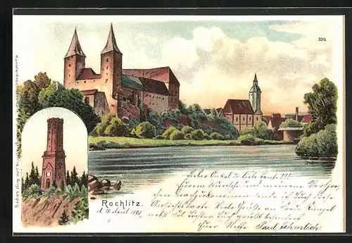 Lithographie Rochlitz, Blick auf Kirche und See