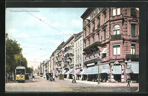 AK Wiesbaden, Gebäude und Strassenbahnen an der Rheinstrasse