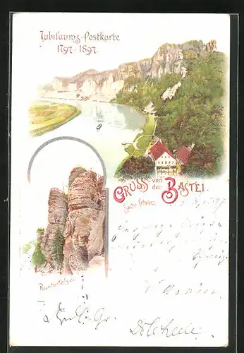 Lithographie Bastei, Flusspartie mit Gebirgszug, Basteifelsen, Jubiläum 1897