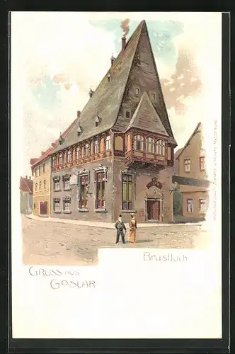 Lithographie Goslar, Strassenpartie mit Brusttuch-Haus
