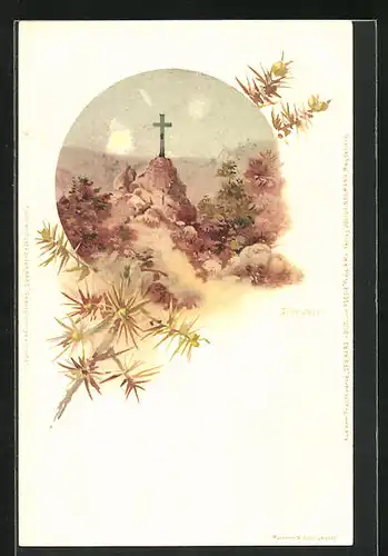 Lithographie Ilsenburg, Gipfelkreuz auf Ilsestein