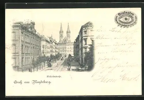 AK Magdeburg, Wilhelmstrasse mit Kirchtürmen