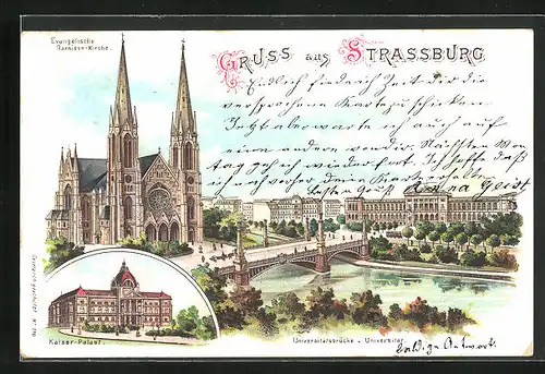 Lithographie Strassburg, Stadtansicht mit Universitätsbrücke und Universität