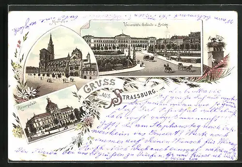 Lithographie Strassburg, Kaiserpalast, Universitätsgebäude und Brücke