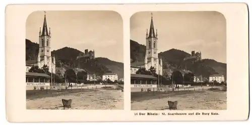 Stereo-Fotografie NPG, Berlin-Steglitz, Ansicht St. Goarshausen, Hotel zum Adler mit Burg Katz