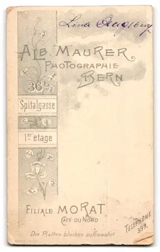 Fotografie Alb. Maurer, Bern, Spitalgasse 36a, Portrait Lina Augsburg im karierten Kleid mit toupierten Haaren