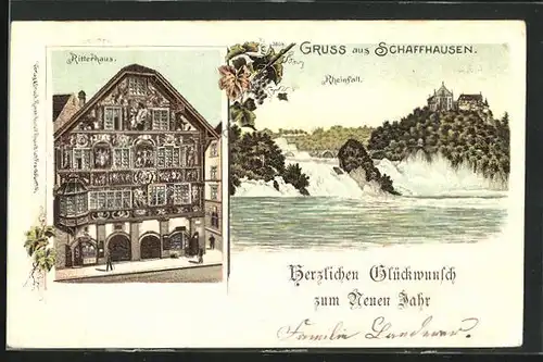 Lithographie Schaffhausen, Blick auf Rheinfall und Ritterhaus