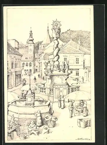 Künstler-AK Mödling, Marktplatz mit Brunnen