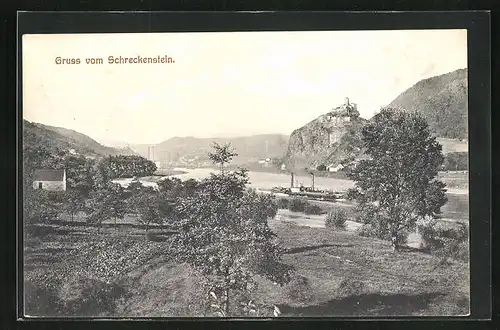 AK Aussig /Usti, Schreckenstein mit Flusspartie und Dampfer